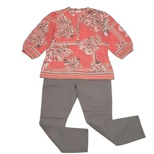 NY & Co Floral Print Boxy Blouse Coral Crew V-Neck Button Up Front Salmon Top